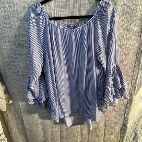 Navy/ wht striped ruffle sleeve top, bathing suit coverup - Picture 2 of 7